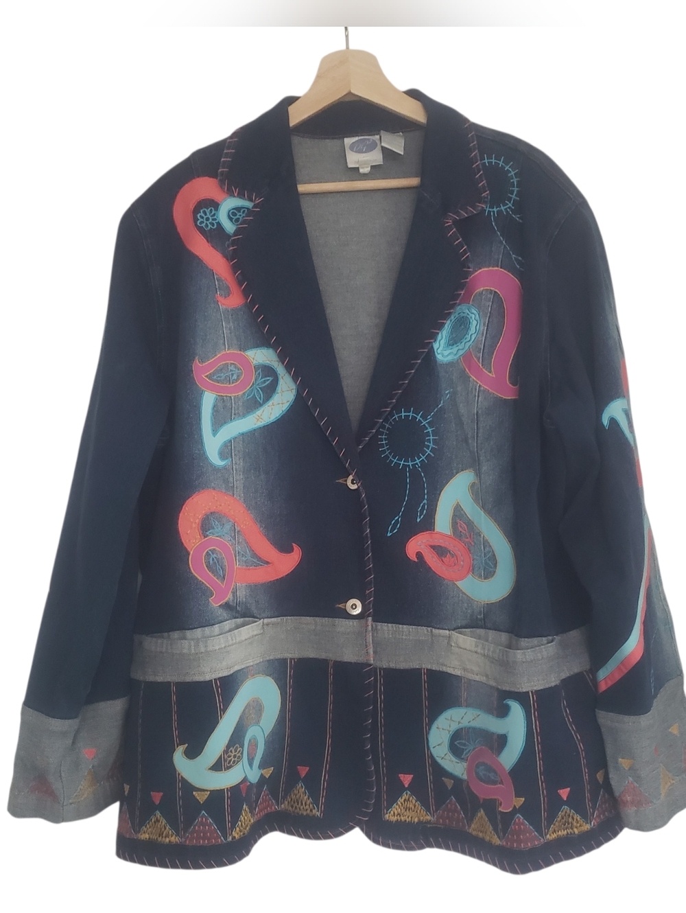 DG2 by Diane Gilman Denim Jacket Embroidered Embellished Y2K Boho Plus Size 2XL